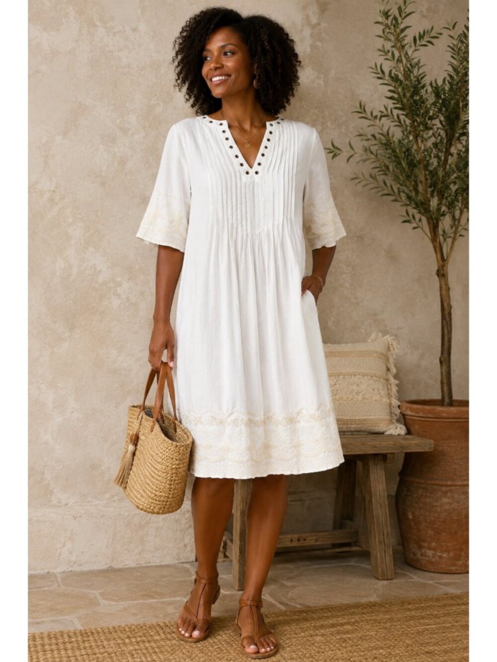 Sundance White Embroidered Cotton Midi Dress M Boho Grommet Pintuck Tunic